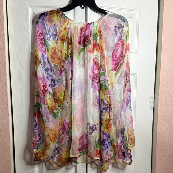 Johnny Was 100% Silk Floral Tunic Blouse 1X Boho Sheer Peasant Top - Picture 6 of 9